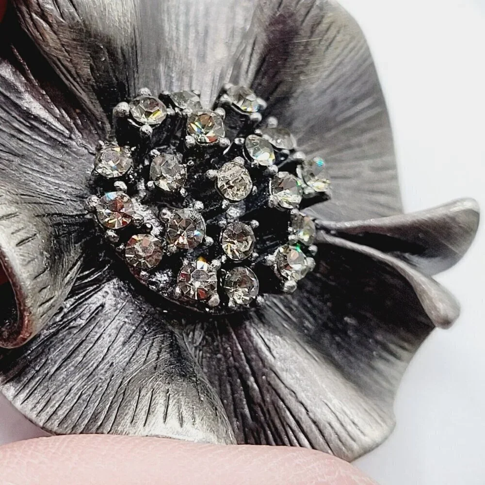 Premier Designs Camille Brooch Pendant Ruffled Ribbon Rhinestones Pewter Look